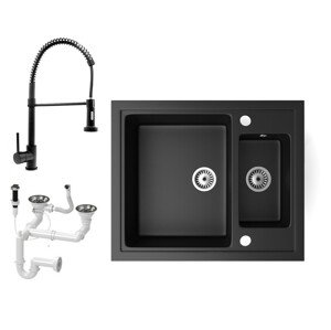 Gránit mosogató NERO Arriva + kihúzható zuhanyfejes Loop-Spiral csaptelep + adagoló + dugókiemelő (matt fekete)