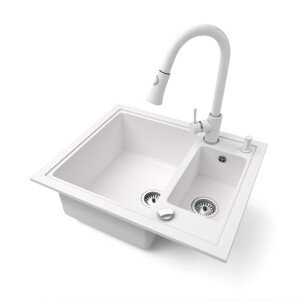 Gránit mosogató NERO Arriva + kihúzható zuhanyfejes Snake csaptelep + adagoló + dugókiemelő (fehér)