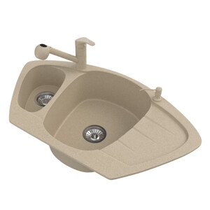 Gránit mosogató NERO Compact + kihúzható zuhanyfejes Shower csaptelep + adagoló (bézs)
