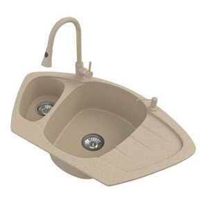 Gránit mosogató NERO Compact + kihúzható zuhanyfejes Snake csaptelep + adagoló (bézs)