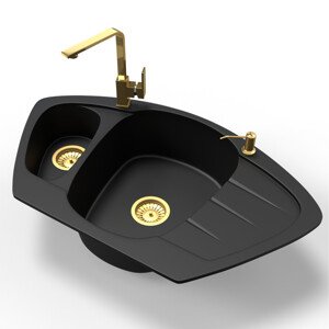 Gránit mosogató NERO Compact + Design Gold csaptelep + arany adagoló (matt fekete)
