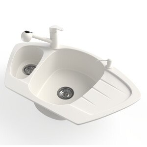 Gránit mosogató NERO Compact + kihúzható zuhanyfejes Shower csaptelep + adagoló (fehét)