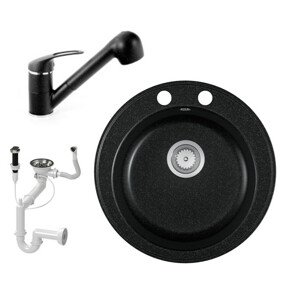 Gránit mosogató EOS Valero + kihúzható zuhanyfejes Shower csaptelep + dugókiemelő (fekete)