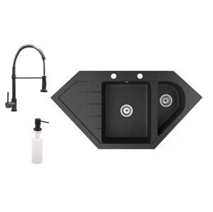 Gránit mosogató NERO Joker + kihúzható zuhanyfejes Spiral csaptelep + adagoló (fekete)