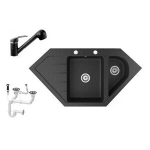 Gránit mosogató NERO Joker + kihúzható zuhanyfejes Shower csaptelep + dugókiemelő (fekete)