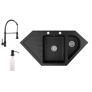 Gránit mosogató NERO Joker + kihúzható zuhanyfejes Spiral csaptelep + adagoló (matt fekete)