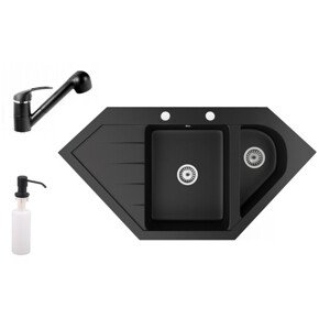 Gránit mosogató NERO Joker + kihúzható zuhanyfejes Shower csaptelep + adagoló (matt fekete)