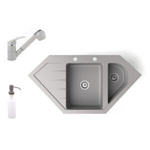 Gránit mosogató NERO Joker + kihúzható zuhanyfejes Shower csaptelep + adagoló (szürke)