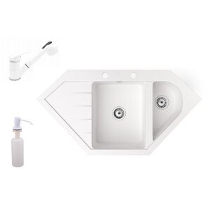 Gránit mosogató NERO Joker + kihúzható zuhanyfejes Shower csaptelep + adagoló (fehér)