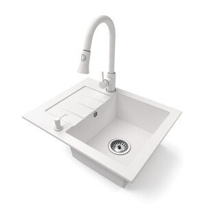 Gránit mosogatótálca NERO Monza + kihúzható zuhanyfejes Snake csaptelep + dugókiemelő (fehér)