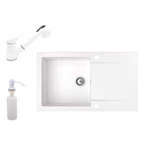Gránit mosogató NERO Gold + kihúzható zuhanyfejes Shower csaptelep + adagoló (fehér)