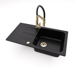 Gránit mosogató NERO Malta + kiemelhető zuhanyfejes Vegas arany/fekete mosogató csaptelep + dugóemelő (matt fekete)