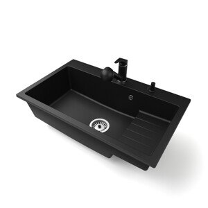 Gránit mosogatótálca NERO Boss + kihúzható Shower csaptelep + dugókiemelő (matt fekete)