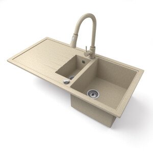 Gránit mosogató - Nero Solarys + kihúzható zuhanyfejes Snake csaptelep + dugókiemelő (bézs)