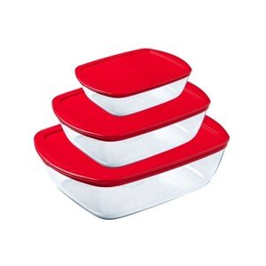 3 téglalap alakú edény fedéllel, Pyrex, 0,4 L / 1,1 L / 2,5 L, hőálló üveg / műanyag, piros