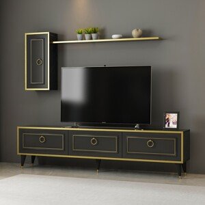 Vals TV Komód szekrénnyel és fali polc, Arnetti, 180 x 45.5 cm/30 x 62.5 cm/19 x 120 cm, fekete/aranyszín