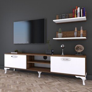 Comoda TV cu 2 rafturi de perete A4 - 180, Wren, 150 x 30 x 43.7 cm/50 x 15 x 13 cm, white/walnut
