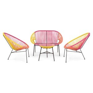 Corfu kerti/terasz asztalka, 2 db fotel és kanapé, acél, sárga/narancssárga/piros