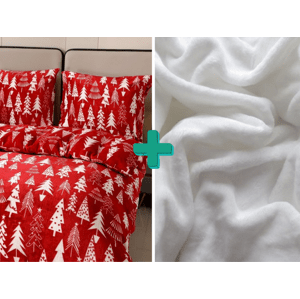 CHRISTMAS TREES piros 2db mikroplüss ágynemű + SOFT fehér mikroplüss lepedő 180x200 cm